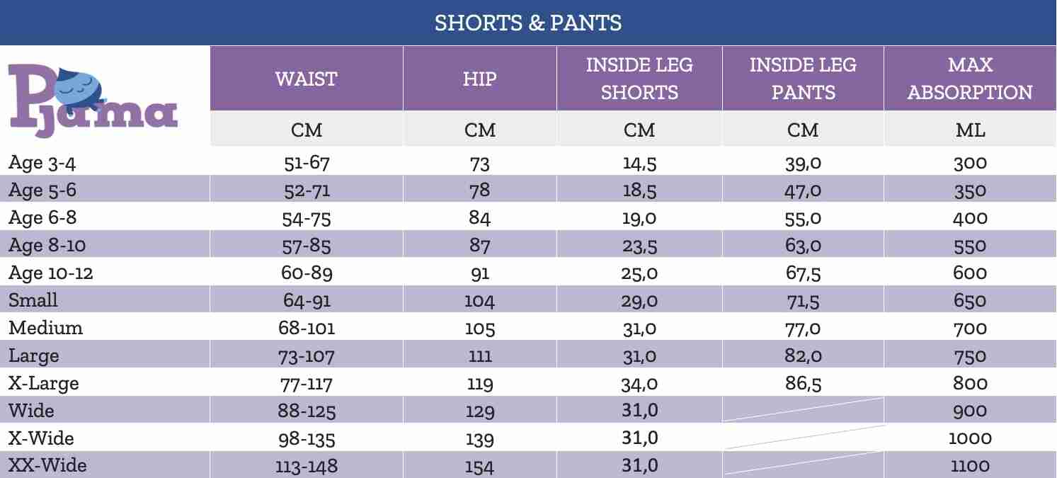 Screenshot Pjama sizeguide