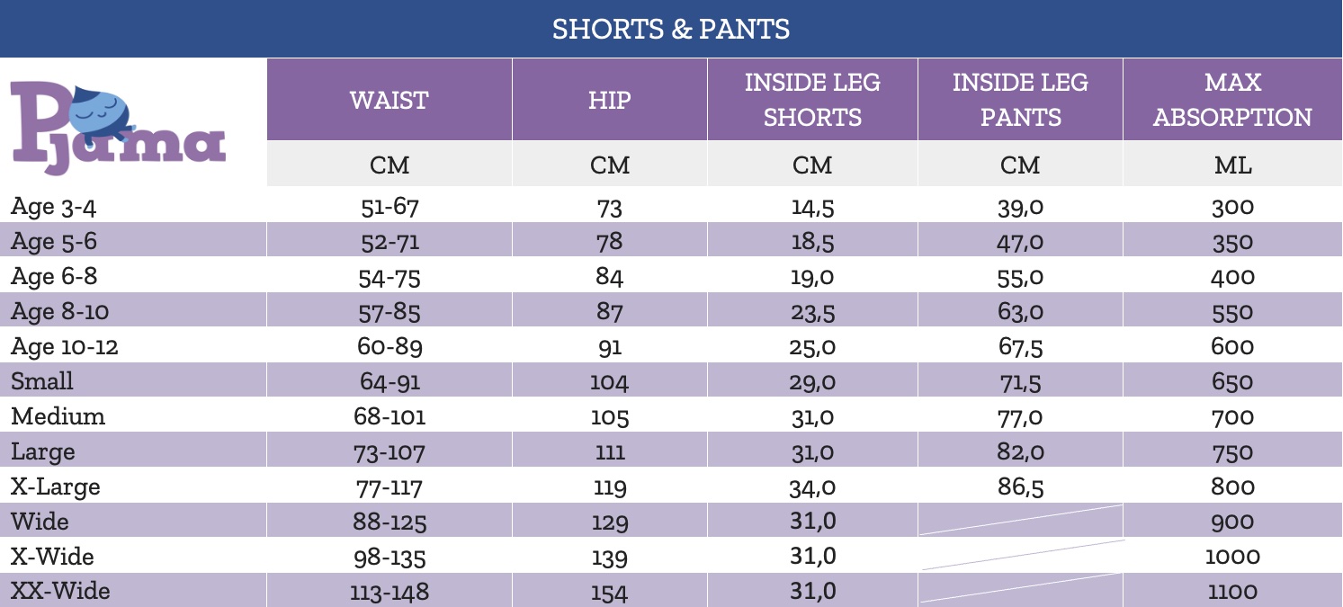 Storleksguide Pjama behandlingsbyxor shorts SE