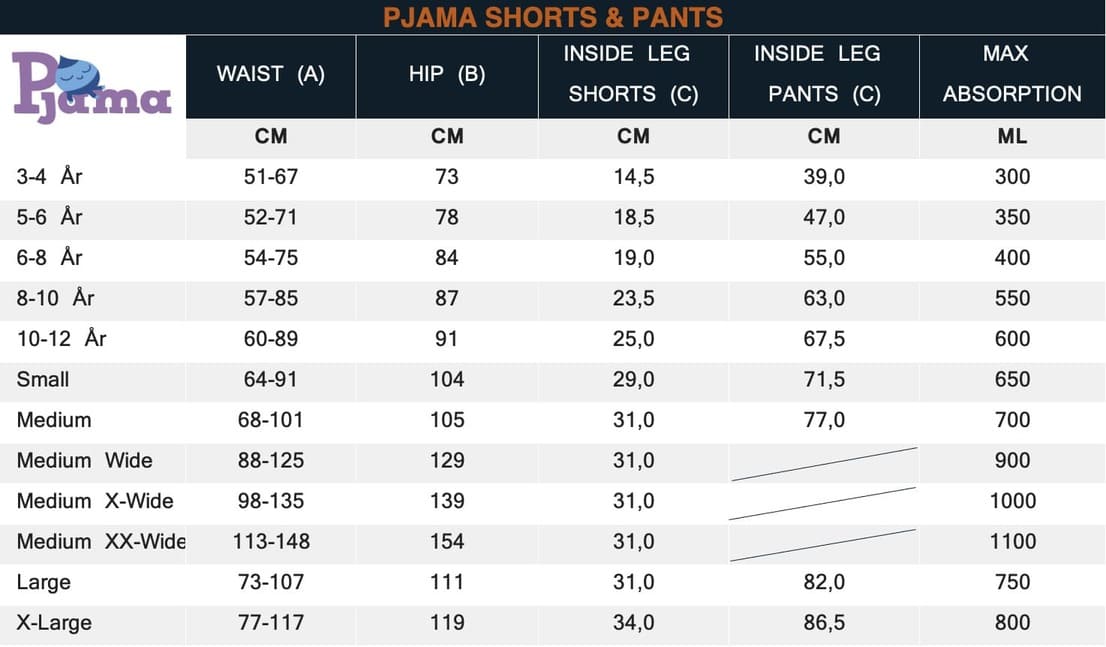 Pjama sizeguide